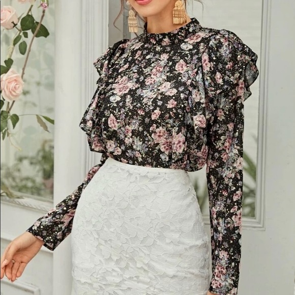Tops - Mock neck ruffle trim floral blouse